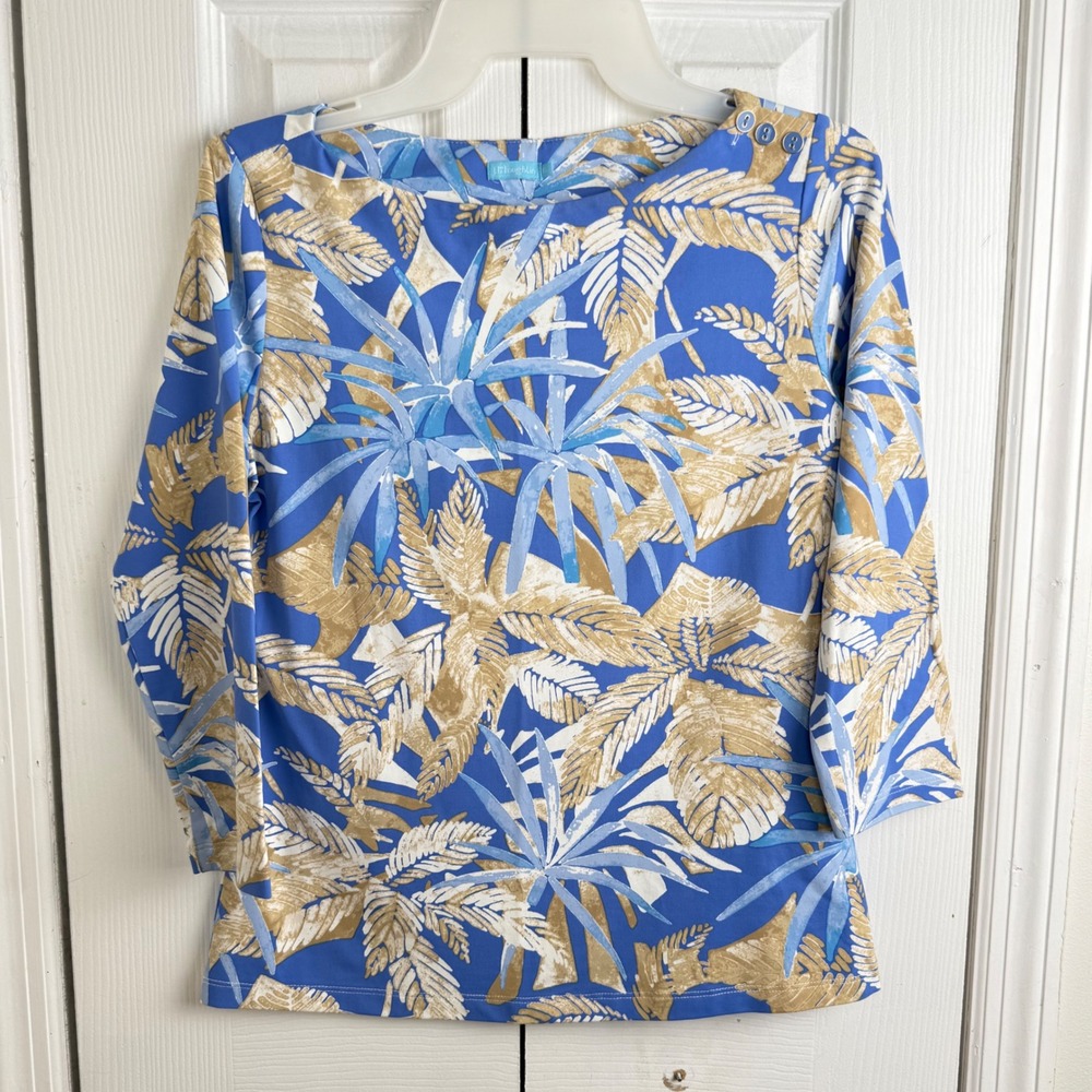 J.McLaughlin Palm Leaf Top XS Blue Tan Preppy Coastal Resort Boatneck